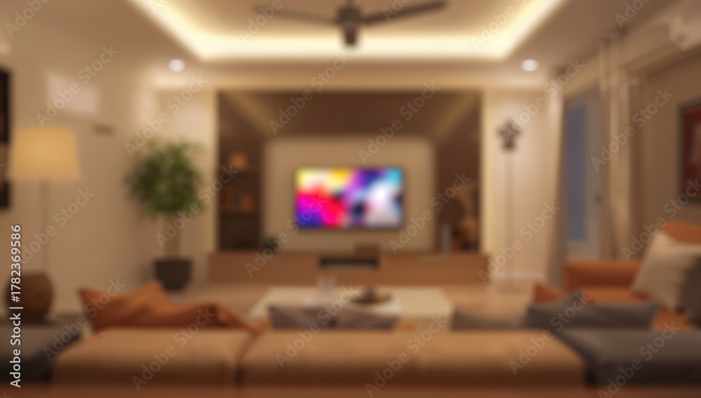 Fototapeta premium Abstract blur of small living space in a contemporary villa with television on, focus on modern lifestyle