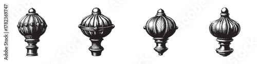 Four elegant ornate finials showcasing intricate designs and craftsmanship.
