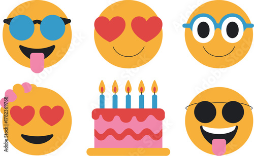 Fun emoji icons expressing love coolness and celebration with a birthday cake for social media and digital use