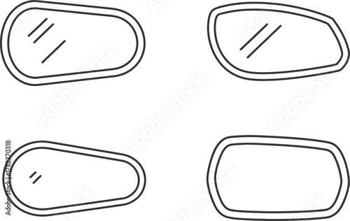 Four stylized car side mirrors in a simple line art design showcasing automotive components and vehicle safety features