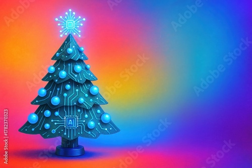 Futuristic AI Christmas tree with glowing circuits and vibrant gradient background, perfect tech-themed holiday visual with space for text, modern digital concept