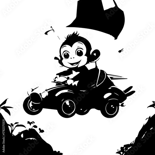 Cheerful Cartoon Baby Monkey Driving Classic Open-Top Car, Playful Black and White Vector