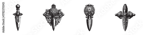 Four ornate dagger designs featuring intricate patterns and detailed craftsmanship.