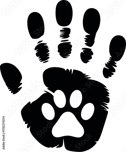 Black handprint with a white paw print overlay symbolizing animal rescue and adoption advocacy for animal lovers