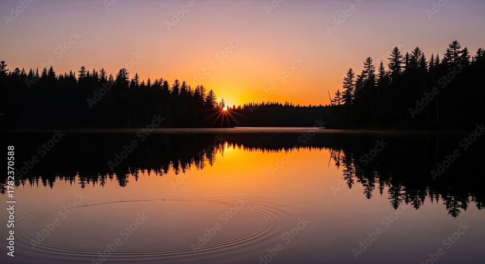 Fototapeta premium Stunning sunrise bathes serene lake in golden light, reflecting trees in tranquil water, perfect for peaceful landscapes and scenic nature photography