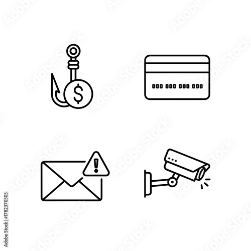 Icons representing phishing, credit card fraud, email alerts, and surveillance for cyber security , camera