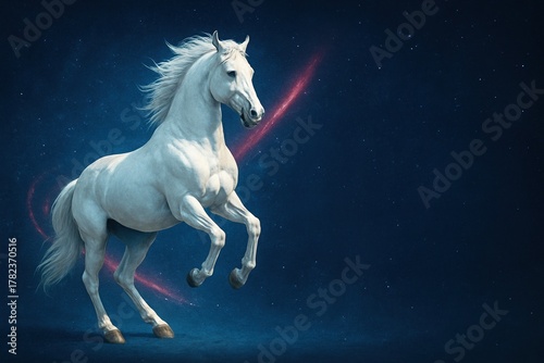 White horse rearing in front of starry night sky with colorful light trail and space for text, futuristic New Year concept symbolizing energy progress and innovation