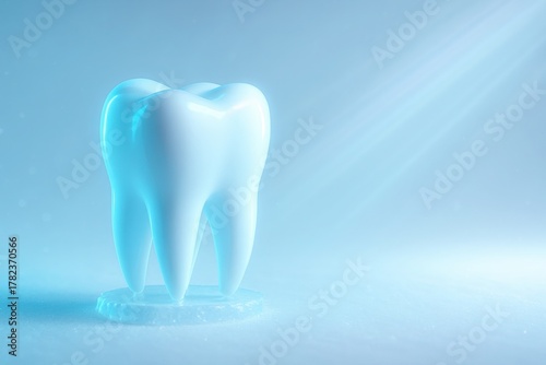 Glowing blue tooth with radiant light beams ideal for futuristic dental ads innovation in oral health and hi-tech medical branding