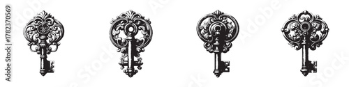 Four ornate vintage keys with intricate designs and decorative detailing.