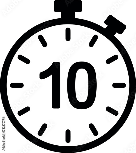Simple black and white timer icon displaying ten seconds for time management and countdown applications use