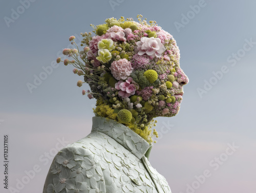 Surrealistic portrait of a person made of flowers and plants, unity with nature concept