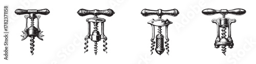 Four vintage corkscrews showcasing elegant designs and intricate details.