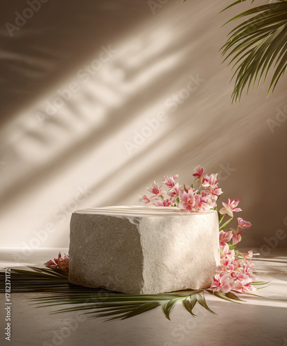 Minimalist product staging with light stone base and botanical elements for online retail