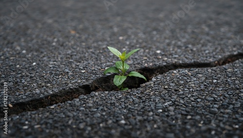Fototapeta Naklejka Na Ścianę i Meble -  Small tree breaks through pavement, showcasing resilience in nature