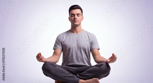 Young man meditating in lotus position with eyes closed on a white background