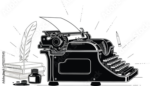 Vintage typewriter with feather quill and inkwell for classic writing projects evokes nostalgia and creative inspiration for bloggers, authors, and historians