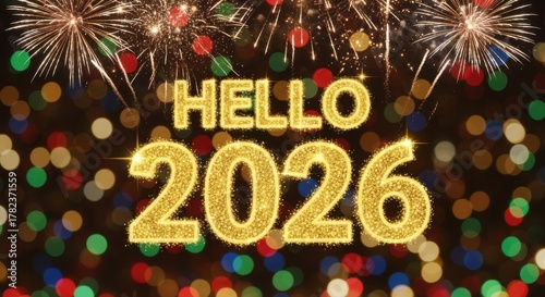 Happy new year hello 2026 with fireworks and bokeh lights