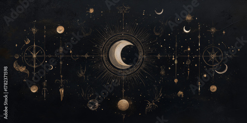 Beautiful mystical pattern with golden stars and crescents on a black background, abstract background, space and astrology theme