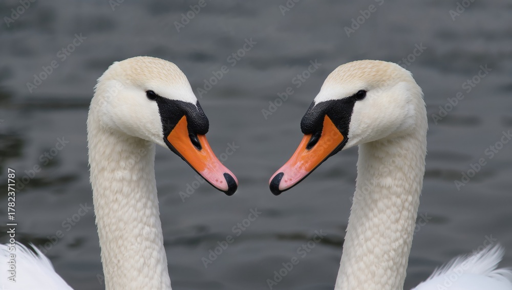 Obraz premium A portrait of two Bewick Swans, enduring extreme heat, highlighting their rarity and unique yellow stripe above the black beak