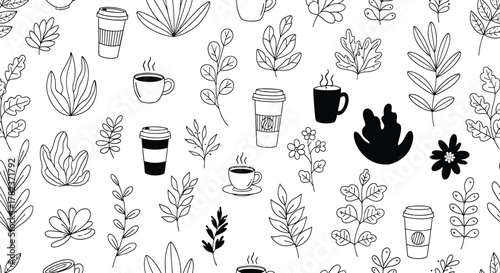 Dreamy floral pattern with cozy coffee cups, perfect for branding, packaging, or a modern cafe design project, bringing a fresh and inviting vibe