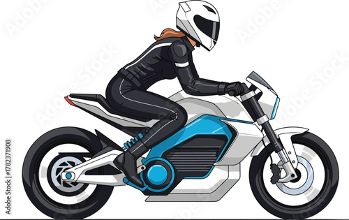 Experience the thrill of the open road with this dynamic illustration of a sleek, modern motorcycle and a confident rider in full gear