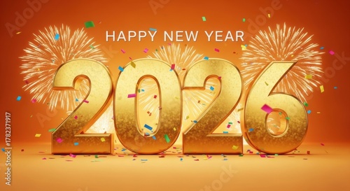 Golden 2026 numbers with fireworks and confetti celebrate new year