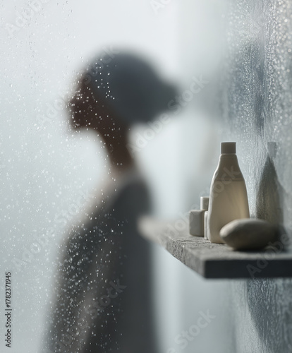 Home spa concept: woman showering behind fogged glass with droplets for body care products