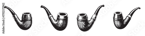 Four vintage smoking pipes illustrated, showcasing elegant designs and intricate details.
