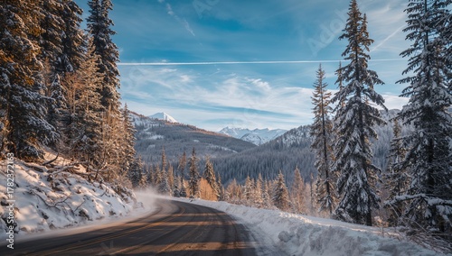 A snowy mountain road borde...