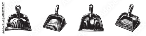 Set of four vintage style dustpans with varying shapes and designs.