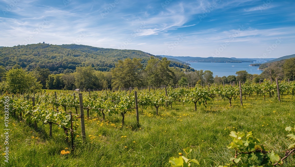 Fototapeta premium A scenic view of a grape vineyard surrounded by rolling hills and a large lake, highlighting the beauty of the Finger Lakes region