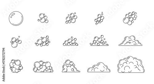 Set of simple line art vector illustrations depicting various stages and formations of bubbles and foam, presented on a clean white background, ideal for design elements related to cleaning, hygiene