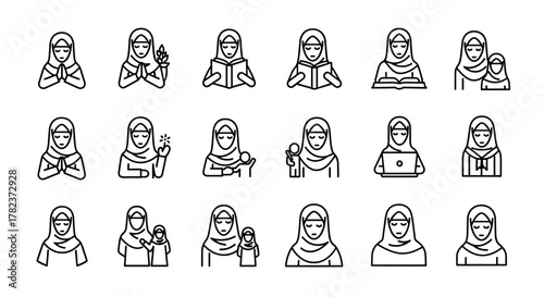 Set of 15 Islamic woman wearing hijab line icons, representing various activities like praying, reading, holding a baby, working on a laptop, and interacting with a child, all on a clean white