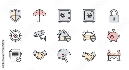 Insurance and Defense Outline Icon Collection: A comprehensive set of vector graphics representing security, protection, and financial safety, perfect for diverse design projects including apps