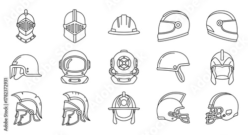 Collection of diverse helmet icons in thin line art style, featuring historical knight helmets, modern motorcycle helmets, construction hard hats, astronaut helmets, deep-sea diving helmets
