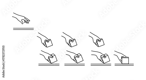 Line art illustration depicting a sequence of hands interacting with a small box, showing a progression from holding to placing, against a clean white background, suitable for concepts and app