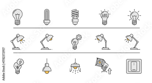 Collection of line art icons representing various types of lamps and light bulbs, including traditional incandescent, energy-saving fluorescent, modern LED bulbs, desk lamps, pendant lights