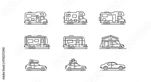 Collection of outline icons representing various recreational vehicles and cars, including motorhomes, campers, and sedans, suitable for graphic and web design, apps, adverts, and various cards