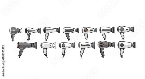 Collection of stylized linear vector illustrations of hair dryers in various colors and designs, presented on a clean white background, perfect for graphic design, concept art, and app interfaces