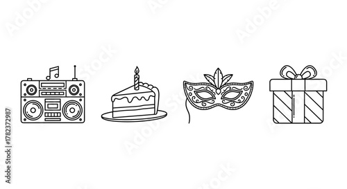 A modern collection of four line art icons representing party elements: a retro boombox for music, a slice of cake with a candle for celebration, an ornate masquerade mask for mystery, and a gift box