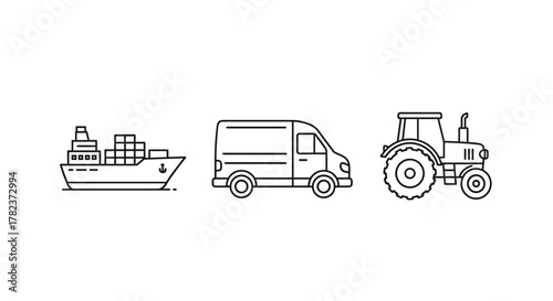 Minimalistic linear pictograms of a cargo ship, a delivery van, and a tractor, presented as a pack of editable stroke icons. These clean, vector cartoon illustrations are perfect for designing cards