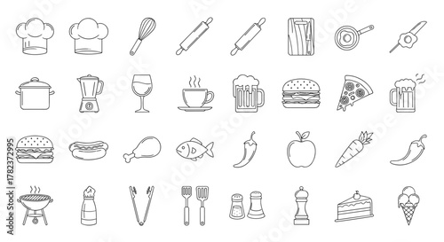 A comprehensive collection of 30 outline icons representing kitchen, food, and barbeque essentials, perfect for graphic design, web development, app interfaces, advertising, and various card designs