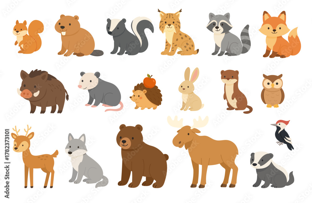 Obraz premium collection of cute forest inhabitants in charming illustrative style, series of endearing woodland creature characters illustrated in delightful and charming manner