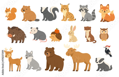 collection of cute forest inhabitants in charming illustrative style, series of endearing woodland creature characters illustrated in delightful and charming manner