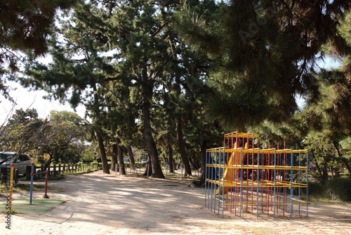 カラフルなジャングルジム・すべり台・鉄棒と松林が綺麗な夙川公園(兵庫県西宮市)