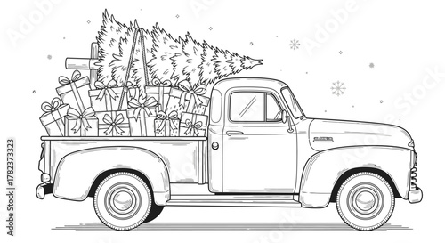 A classic vintage pickup truck loaded with a Christmas tree and a pile of gift boxes for the holidays.