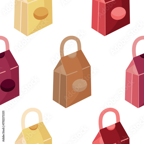 pattern with rectangular tall paper bags with handles, for takeaway coffee in different colors, for social media or promotional materials on the theme of shopping