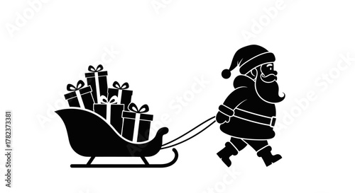 Black silhouette of Santa Claus walking and pulling a sleigh loaded with wrapped Christmas gift boxes.