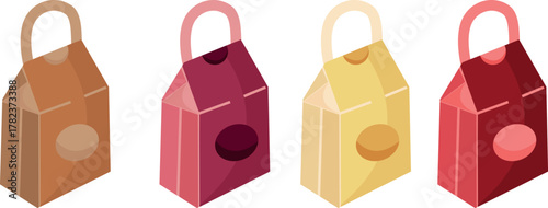 set of rectangular tall paper bags with handles, for takeaway coffee in different colors, for social networks or promotional materials on the theme of shopping
