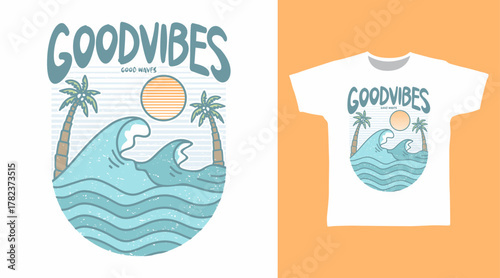 Good vibes good waves line art illustration hand drawn, vector ready for print on t-shirt and other uses.